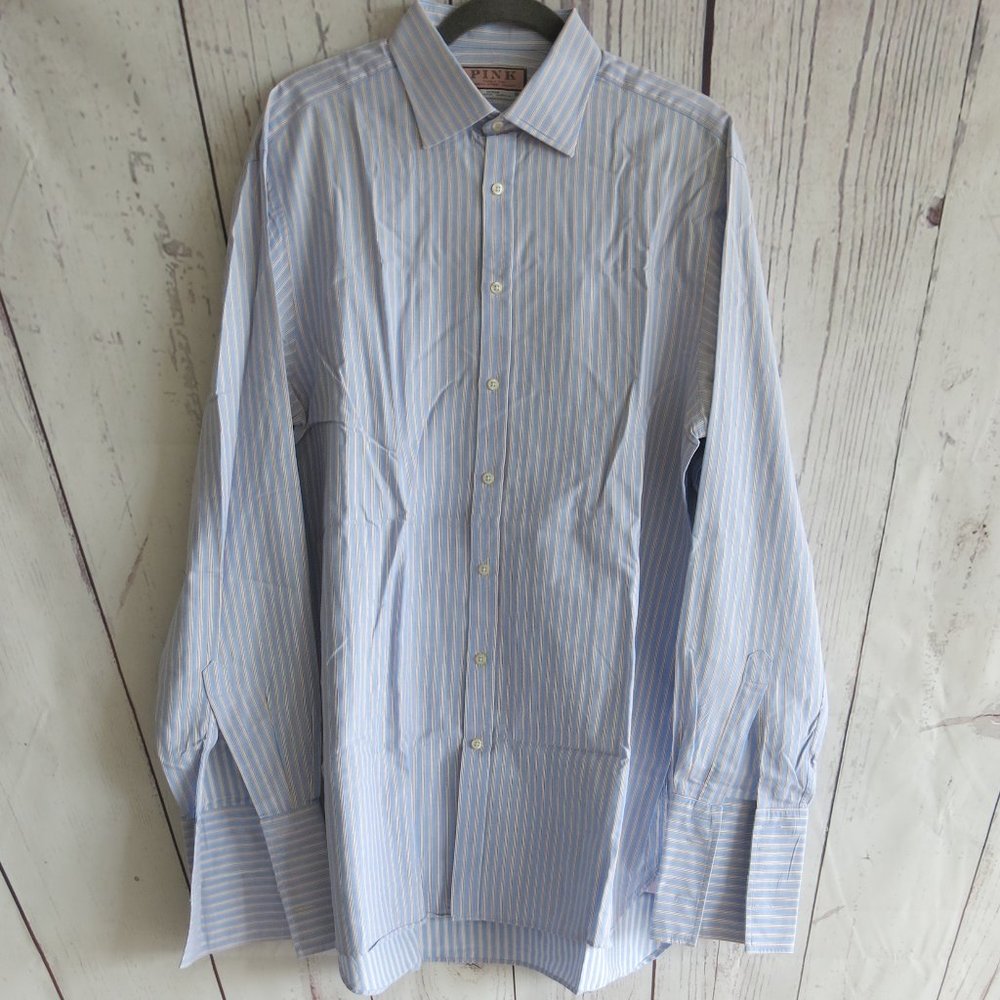 Pink Thomas Pink Stripe Button Down Long Cuff Sleeve Dress Shirt - Size 17-36.5